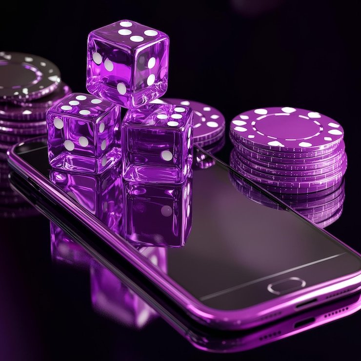 Ruang casino digital penuh warna dengan meja poker dan mesin slot